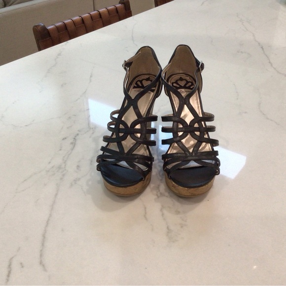 Fergalicious by Fergie Black Platform Sandals with Cork Heels, Size 6 - Picture 2 of 4